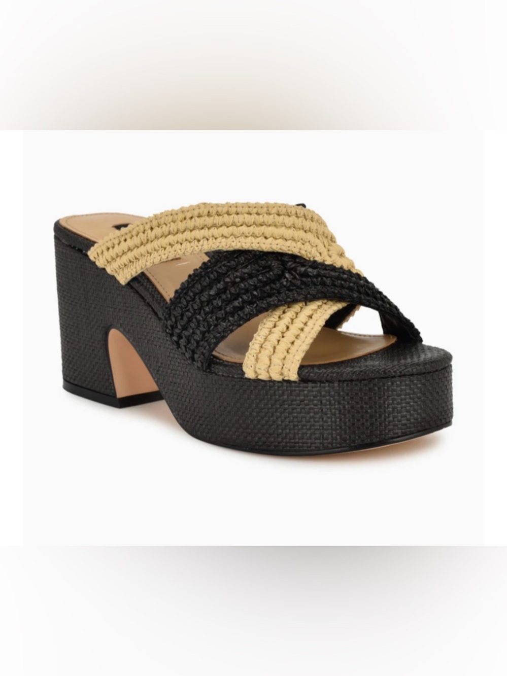 Nine West Women's Bemay Platform Slide Sandals Black/Natural Raffia Size 9.5